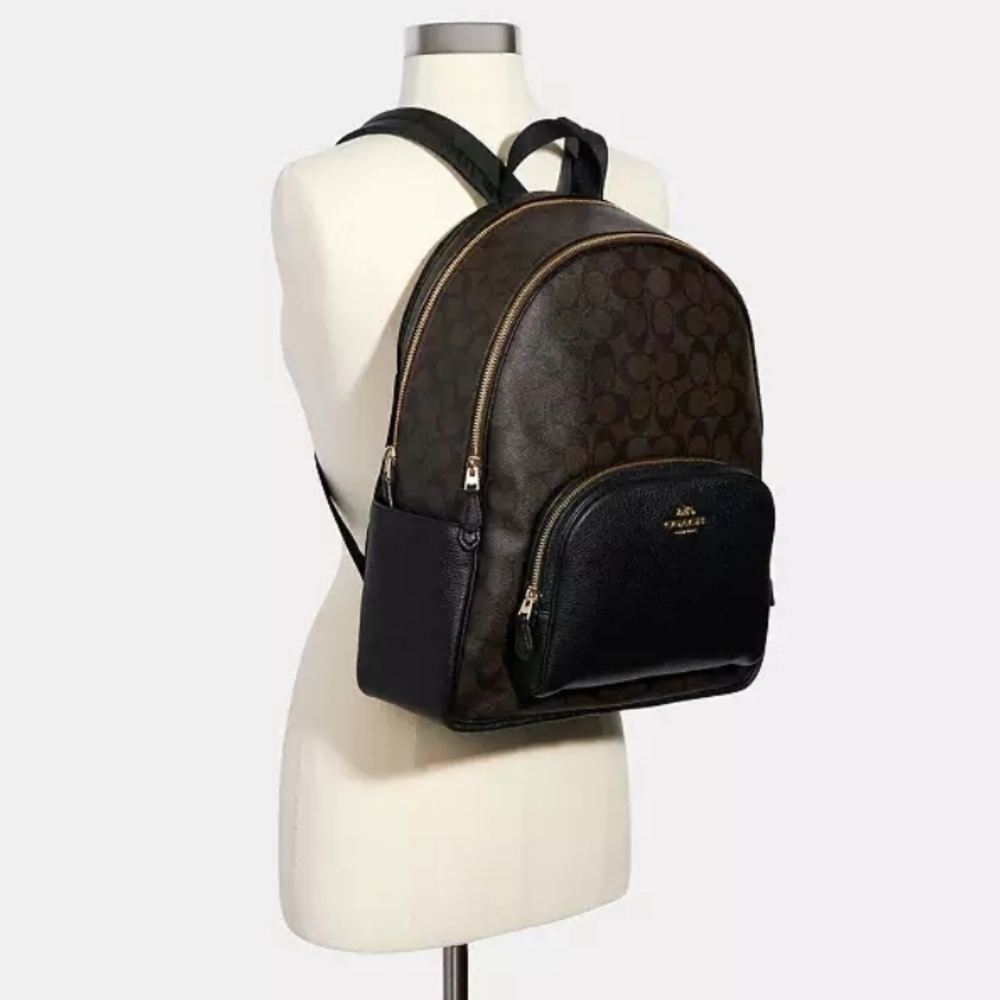 New! Coach Large Court Backpack in Signature Canvas Leather Gold Brown Black - Picture 4 of 16